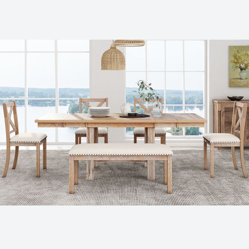 Natural+Beige Farmhouse 6-piece Dining Table with 4 Dining Chairs and Bench