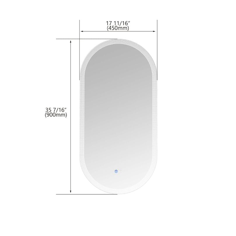 A dimension Image of our Oval Switch-held Memory LED Wall-mounted Vanity Mirror 18x35