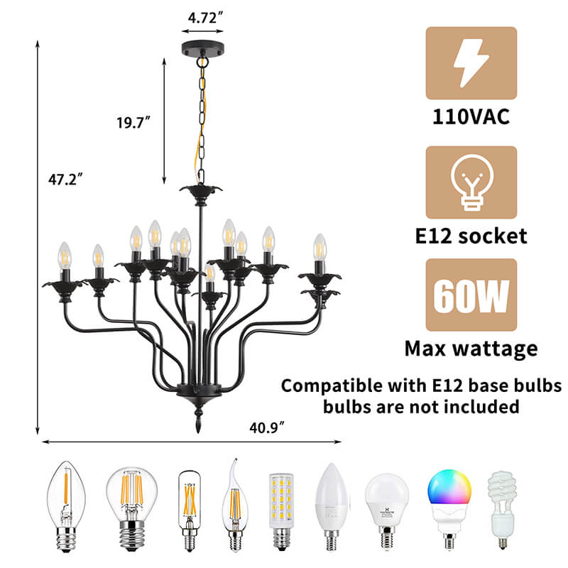 A dimension Image and other bulb compatibility of the Retro American Style Stamen-Shaped Black Gold 12-Bulb Chandelier