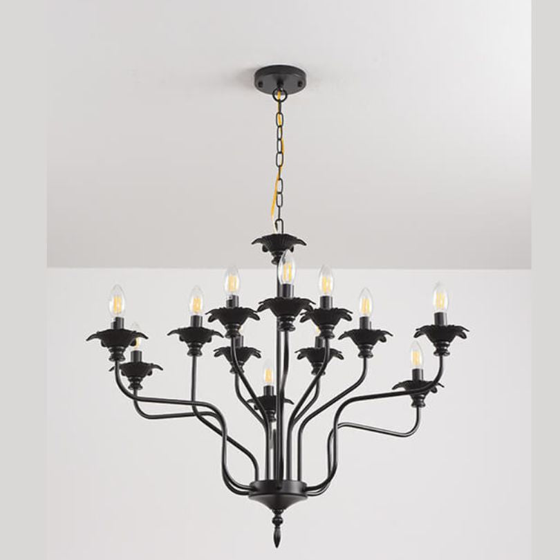 Retro American Style Stamen-Shaped Black Gold 12-Bulb Chandelier