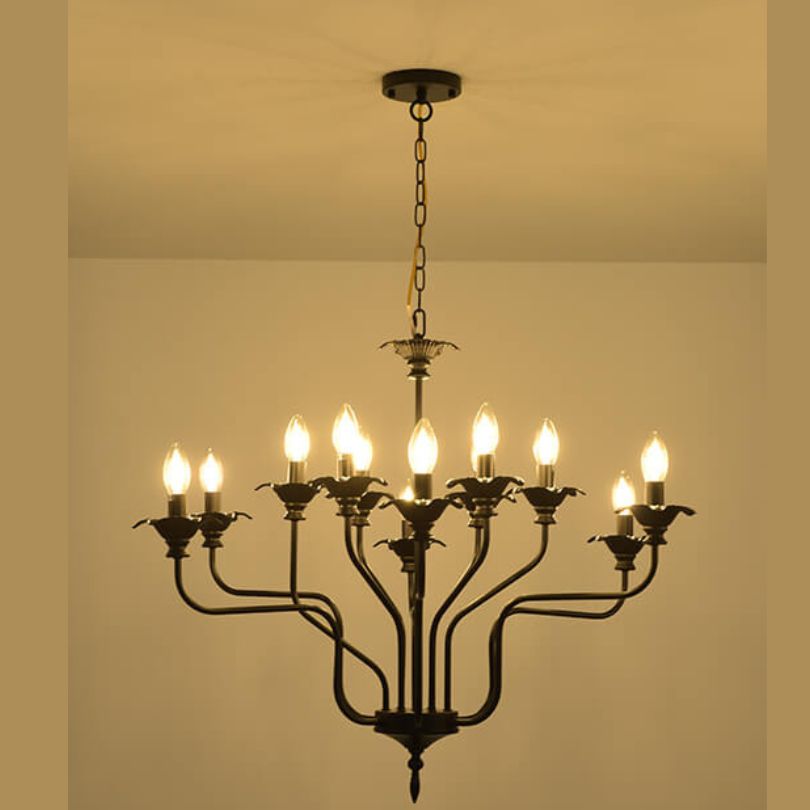 Retro American Style Stamen-Shaped Black Gold 12-Bulb Chandelier