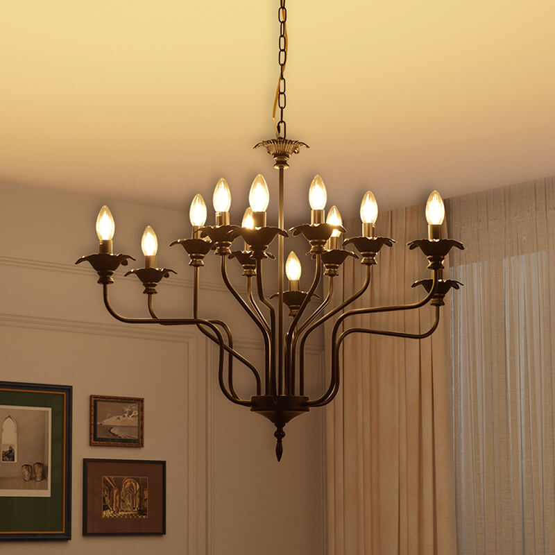 Retro American Style Stamen-Shaped Black Gold 12-Bulb Chandelier