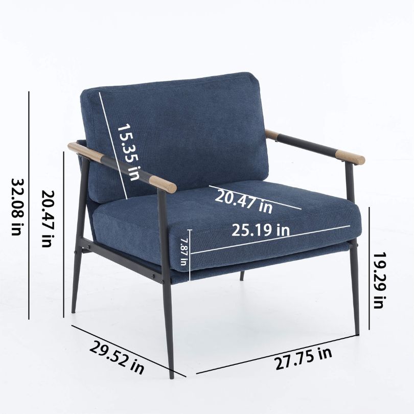 A dimension image of our Retro Blue Chenille Extra Soft-padded Armchair with Black Metal Frame