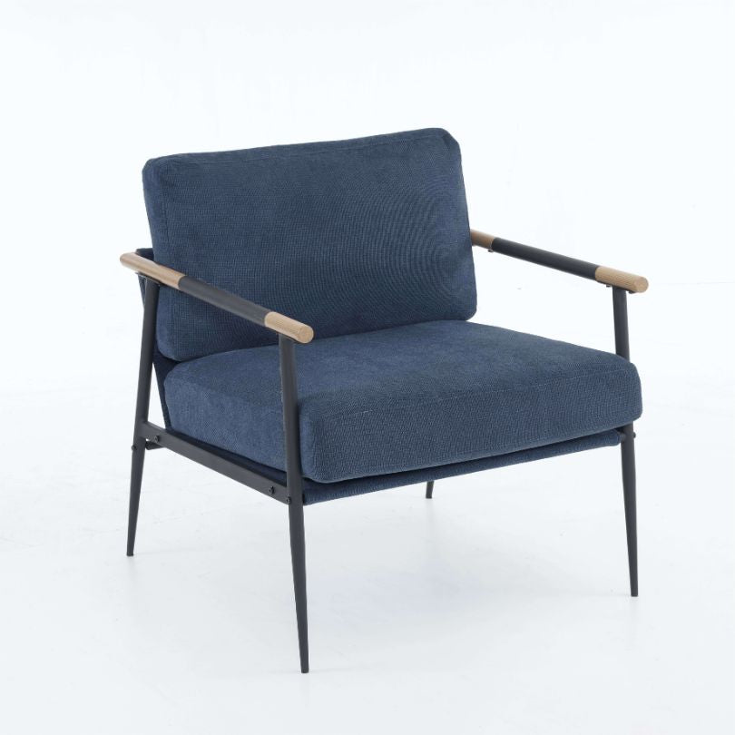 Retro Blue Chenille Extra Soft-padded Armchair with Black Metal Frame