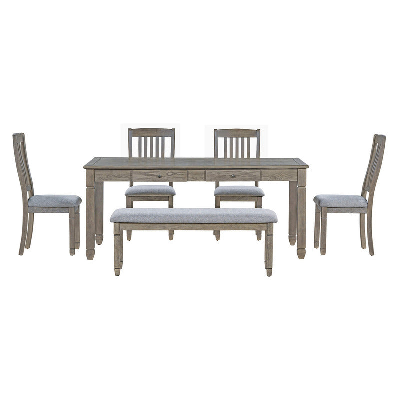 Retro Grey Rectangular Dining Table Set with 4 Upholstered Chairs & 1 Bench