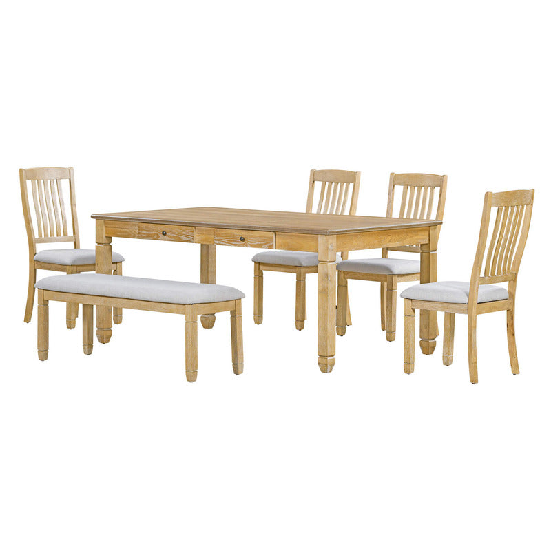 Retro Solid Wood Rectangular Dining Table Set - 4 Upholstered Chairs & 1 Bench