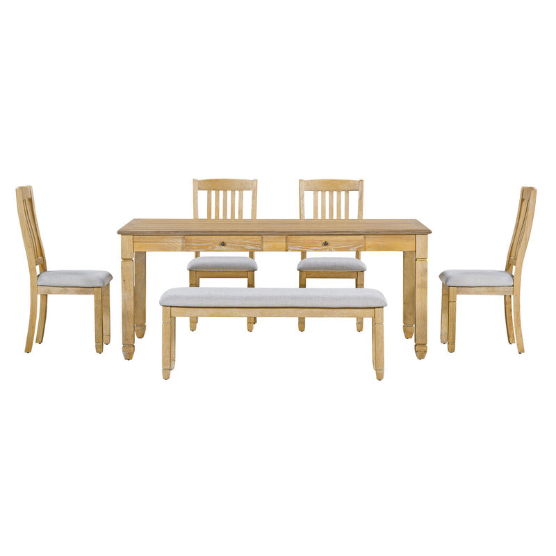 Retro Solid Wood Rectangular Dining Table Set - 4 Upholstered Chairs & 1 Bench