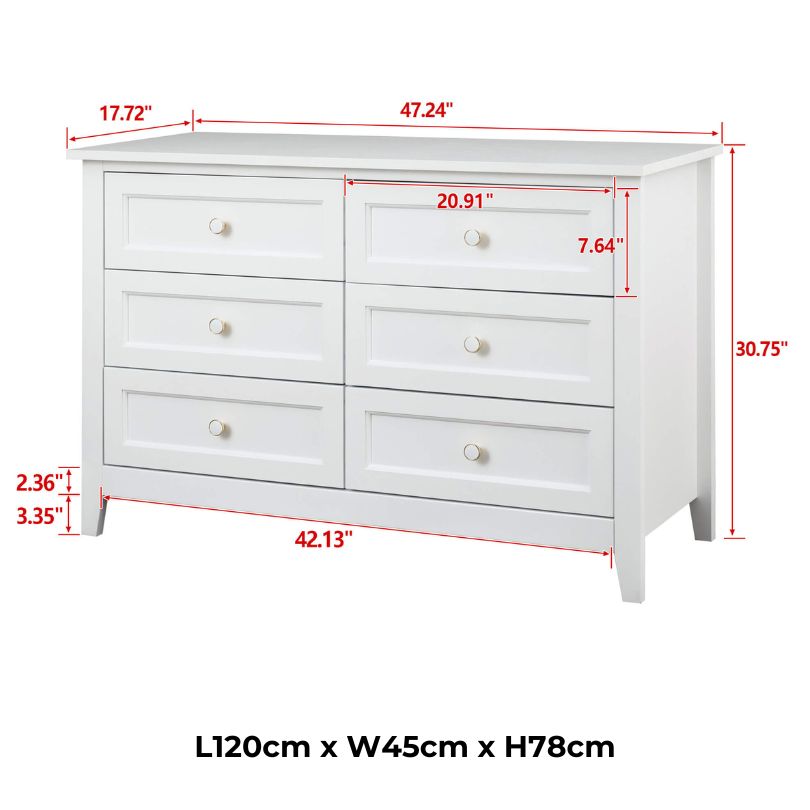 Retro White Solid Wood 6-Drawer Sideboard Storage Cabinet