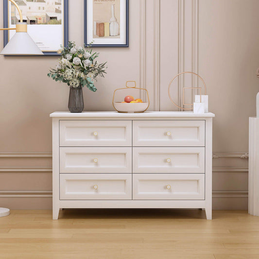 Retro White Solid Wood 6-Drawer Sideboard Storage Cabinet