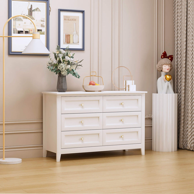 Retro White Solid Wood 6-Drawer Sideboard Storage Cabinet