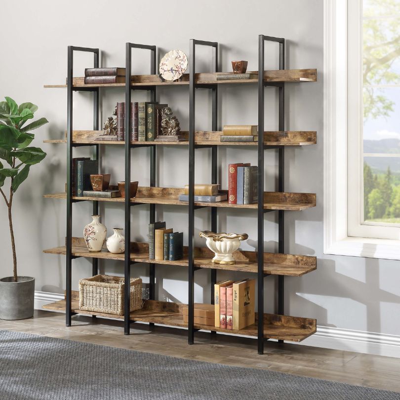 Rustic Brown 5-Tier Open Bookshelf with Metal Frame