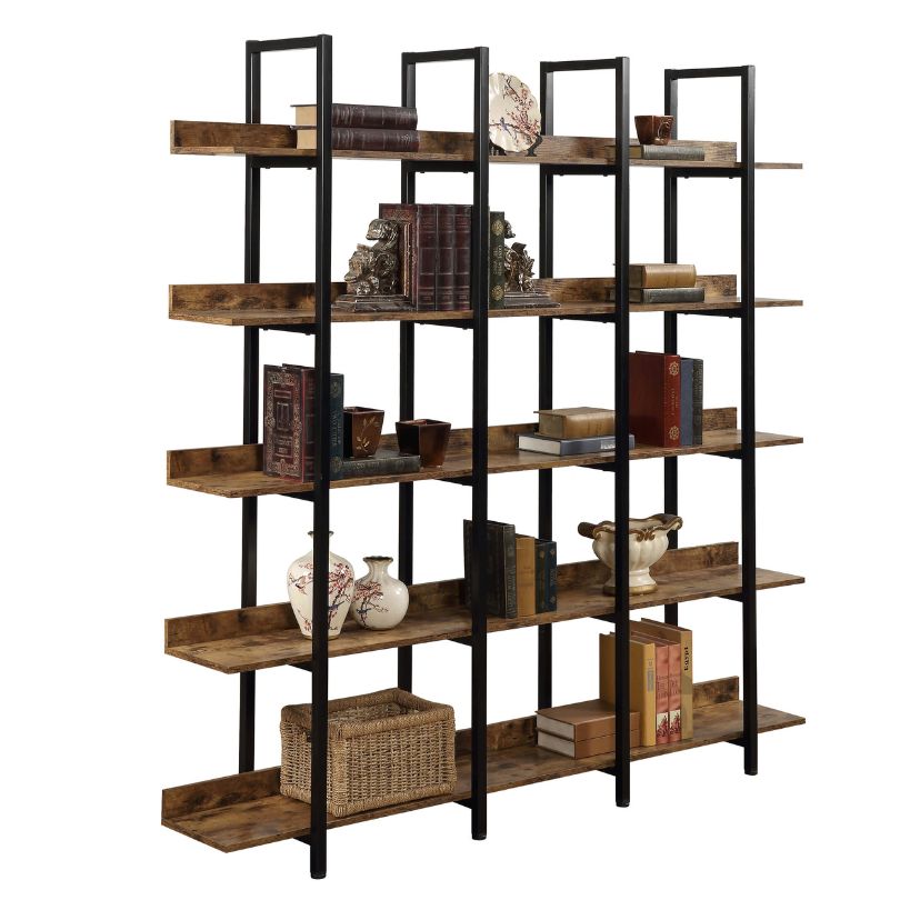 Rustic Brown 5-Tier Open Bookshelf with Metal Frame