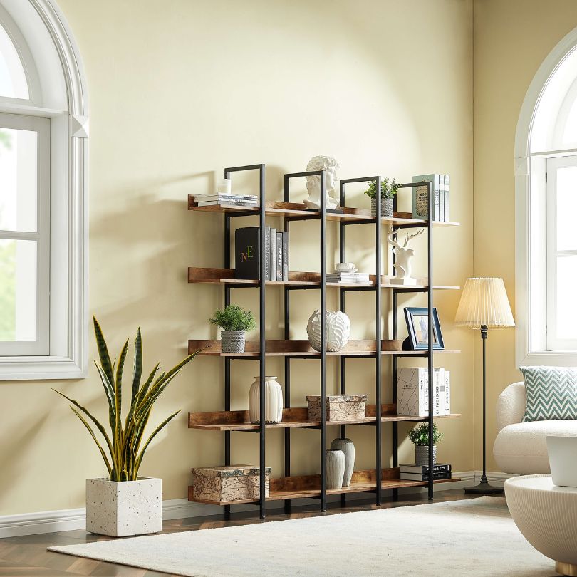 Rustic Brown 5-Tier Open Bookshelf with Metal Frame