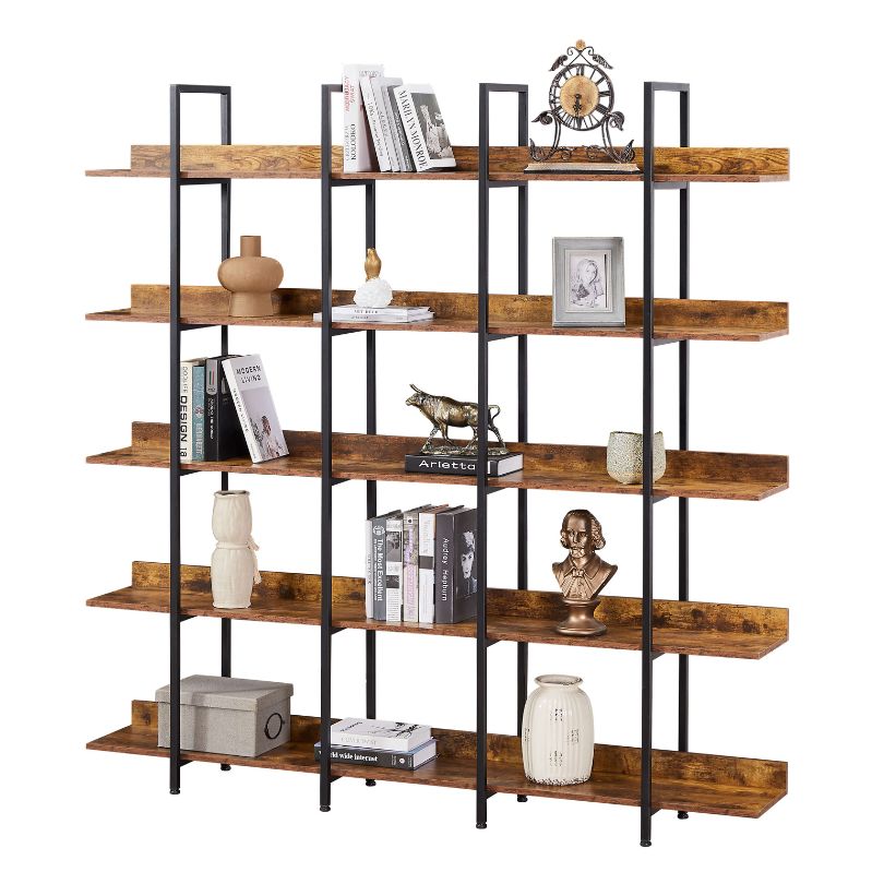 Rustic Brown 5-Tier Open Bookshelf with Metal Frame