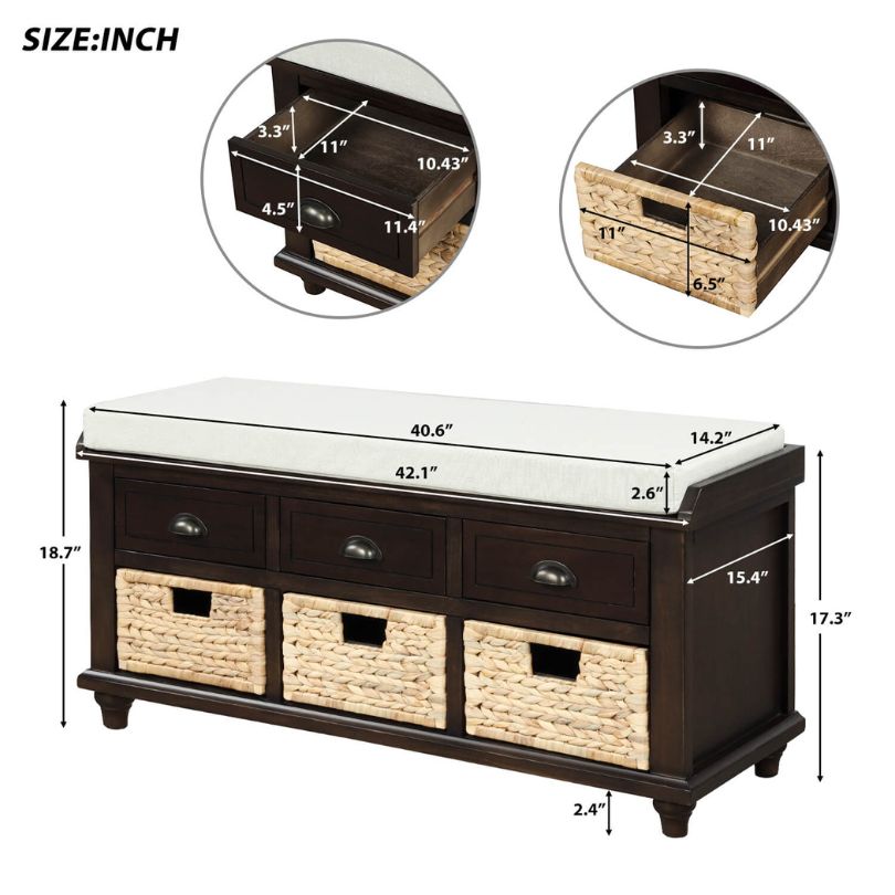 A dimension image of Rustic Espresso Storage Bench with Rattan Baskets and 3 Drawers