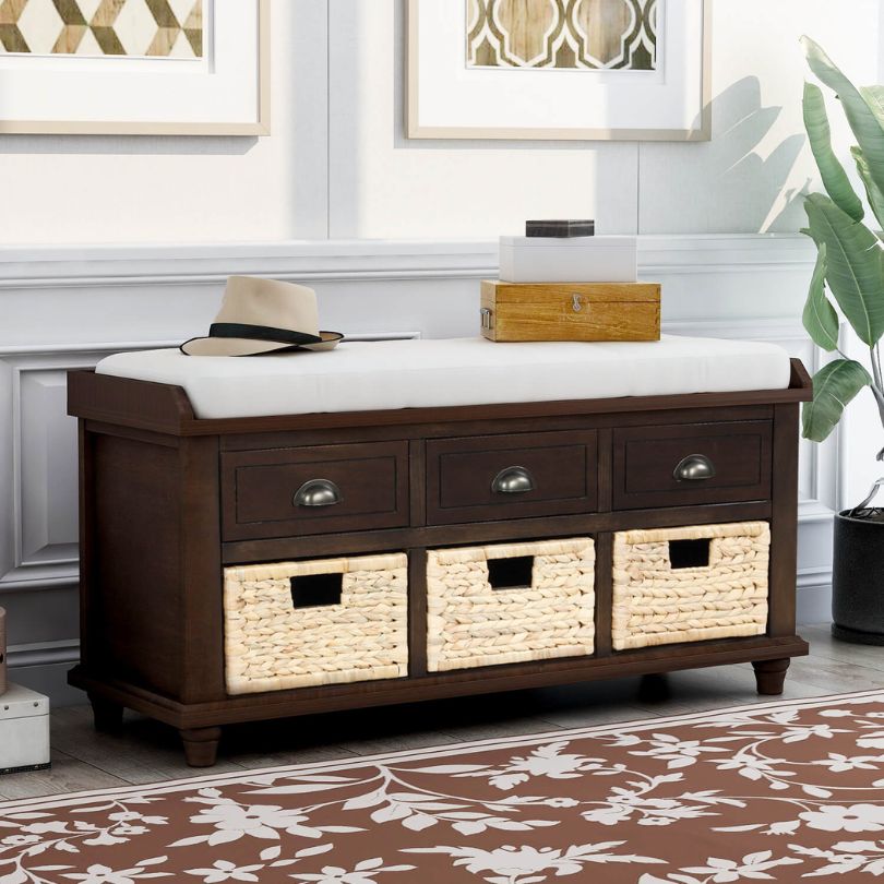 Rustic Espresso Storage Bench with Rattan Baskets and 3 Drawers