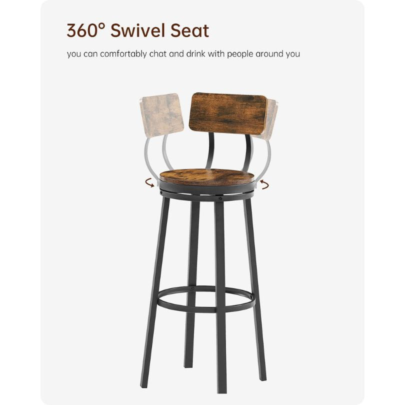 Rustic Swivel Bar Stool Set of 2 with Backrest