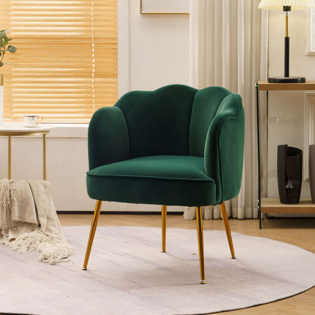 Shell Shape Dark Green Armchair Accent Chair - with gold legs