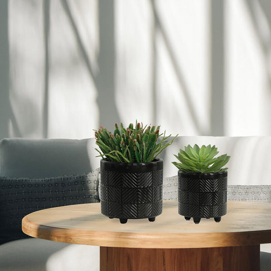 Shiny Black Ceramic 2-Set Textured Plant Stand - 6/8"