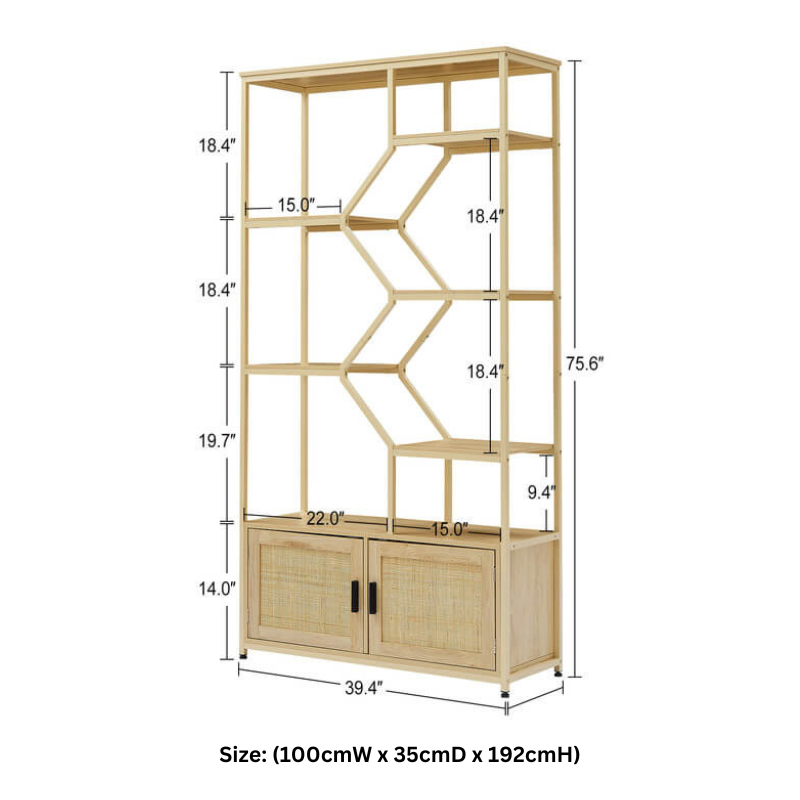 Stylish 7-tier Rattan Bookshelf with Cabinet