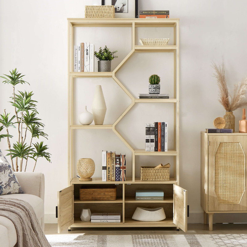 Stylish 7-tier Rattan Bookshelf with Cabinet