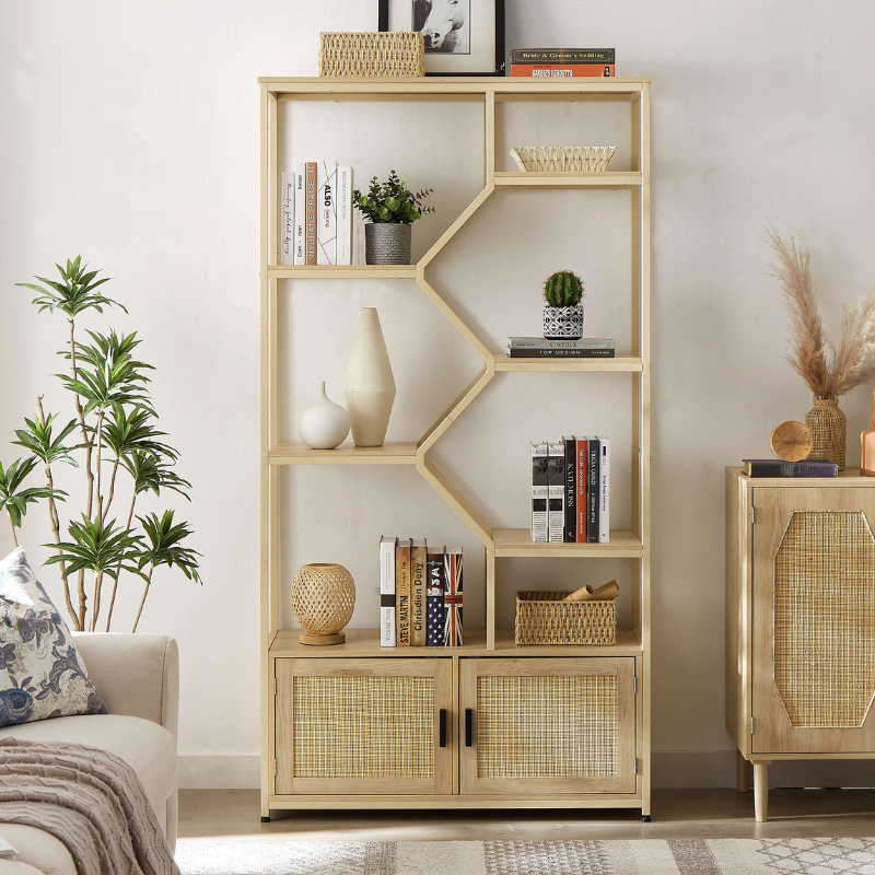 Stylish 7-tier Rattan Bookshelf with Cabinet