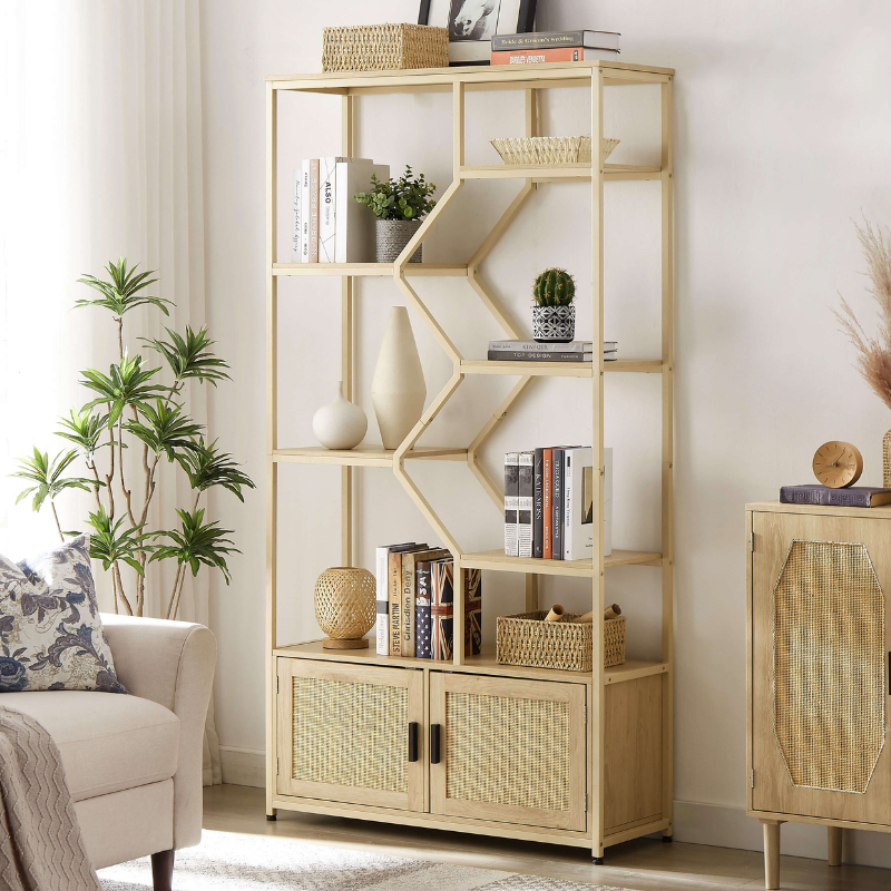 Stylish 7-tier Rattan Bookshelf with Cabinet