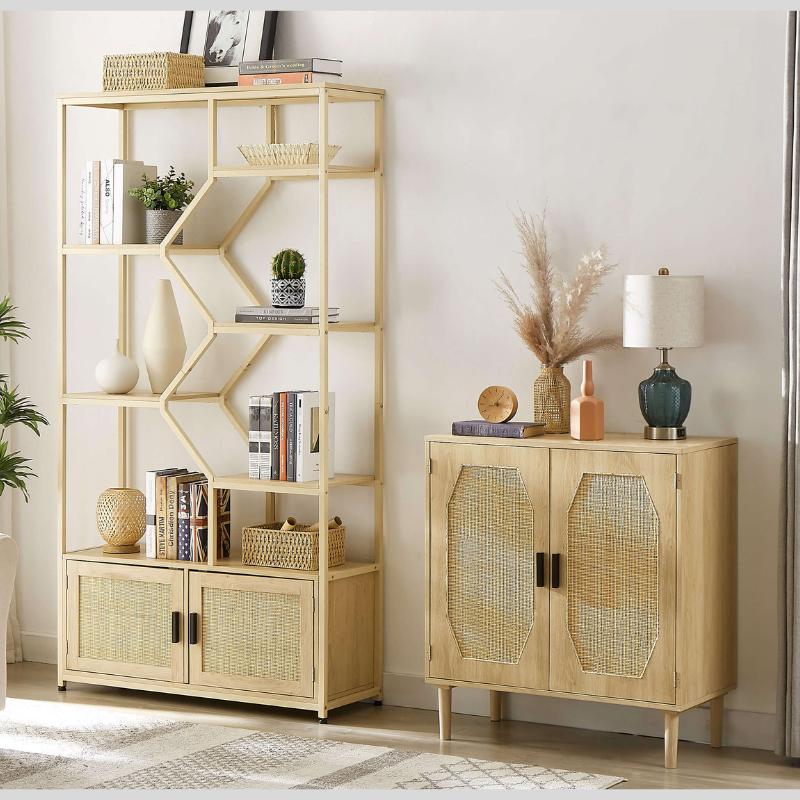 Stylish 7-tier Rattan Bookshelf with Cabinet