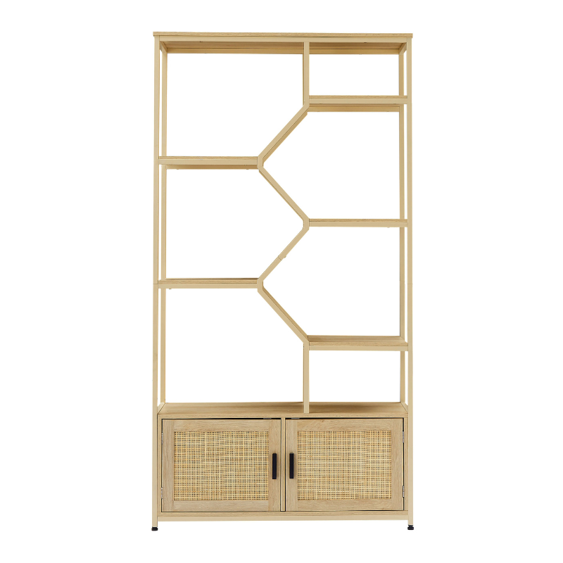 Stylish 7-tier Rattan Bookshelf with Cabinet