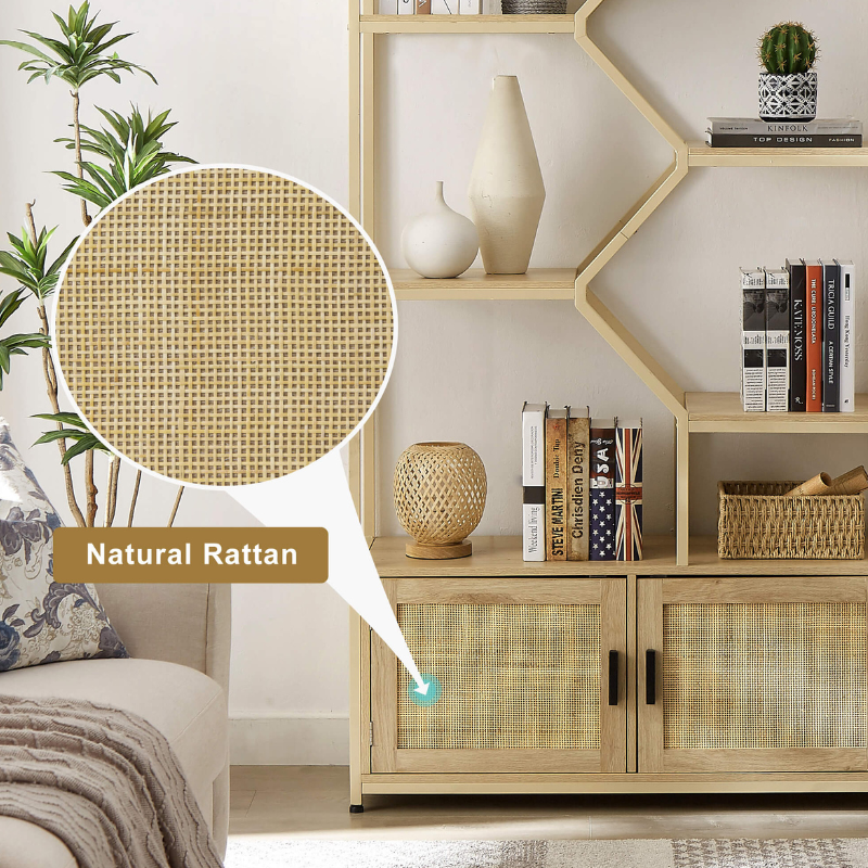 Stylish 7-tier Rattan Bookshelf with Cabinet