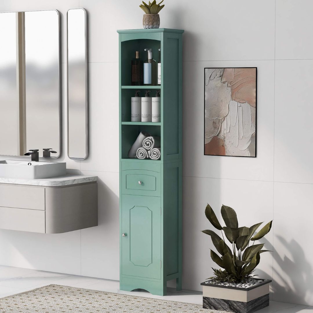 Tall Green Freestanding Storage Cabinet with Drawer