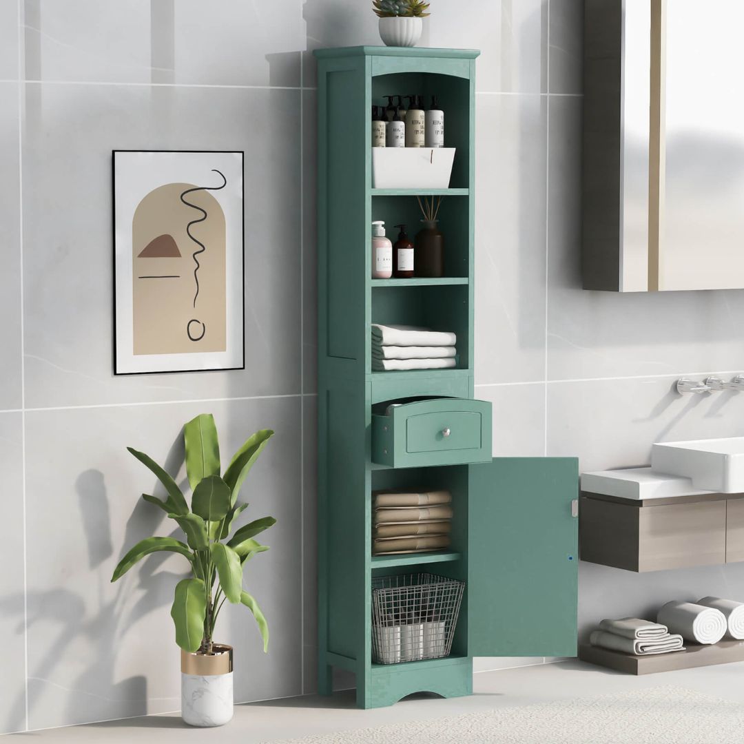 Tall Green Freestanding Storage Cabinet with Drawer