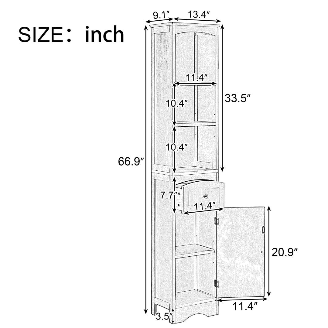 A dimension image of our Tall Green Freestanding Storage Cabinet with Drawer