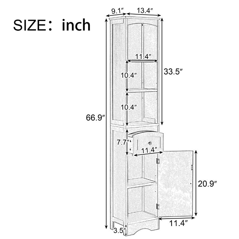 A dimension Image of our Tall Grey Freestanding Storage Cabinet with Drawer