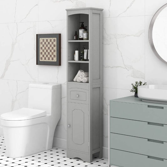 Tall Grey Freestanding Storage Cabinet with Drawer