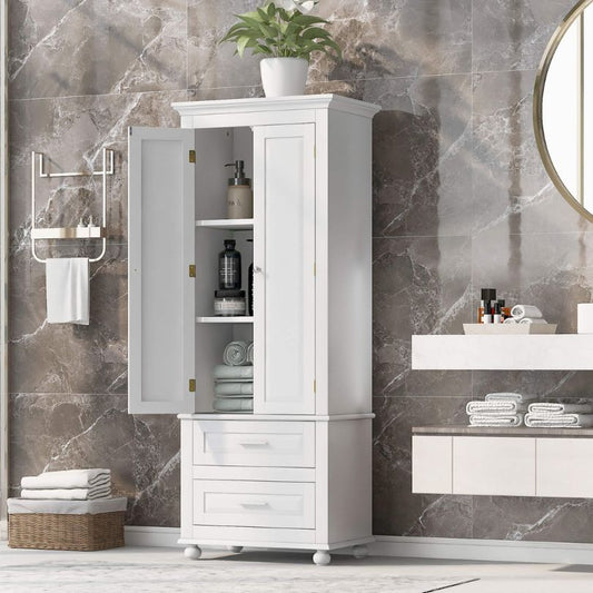 Tall White 2 Doors Bathroom Cabinet with 2 Drawers