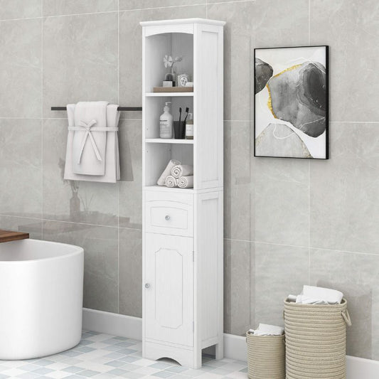 Tall White Freestanding Bathroom Cabinet with Drawer