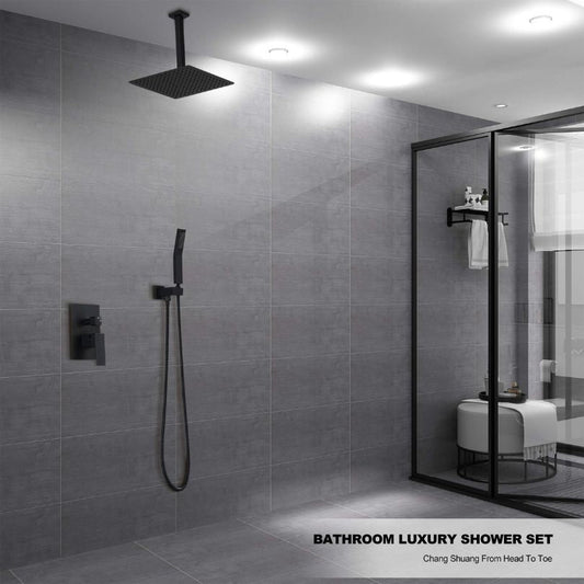 Ultra-thin Matte black 12" Square Rainfall Shower Head with Handheld