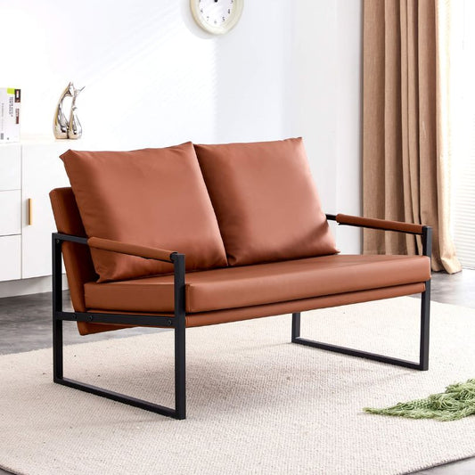 Modern Brown PU-Leather Metal Frame Two-Seater Sofa