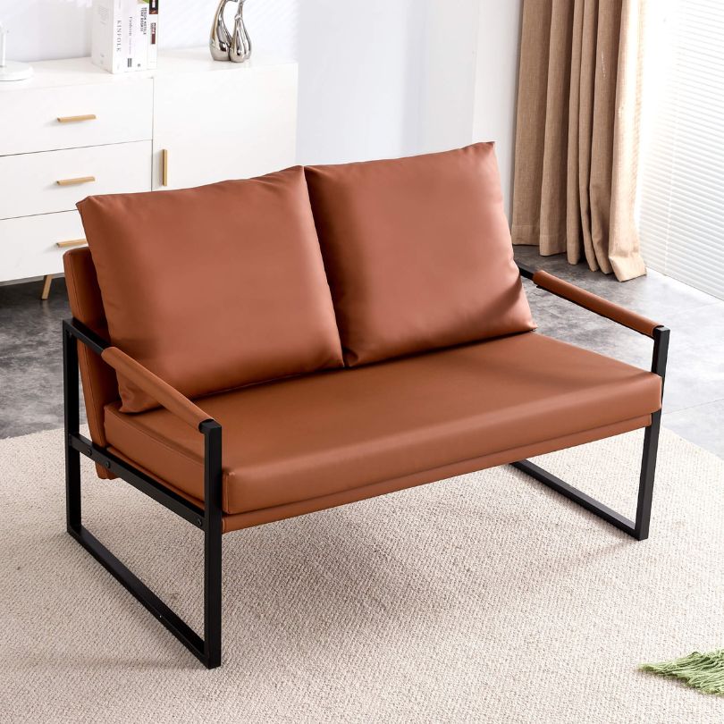 Modern Brown PU-Leather Metal Frame Two-Seater Sofa