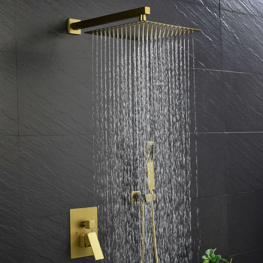 Wall-Mounted Gold Shower System with 12" Rain Shower Head, Hand Shower and Handles