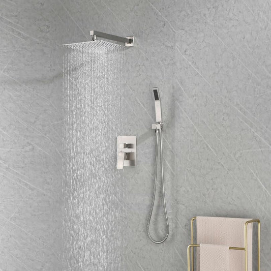 Wall Mounted Brushed Nickel Shower System with 12" Rain Shower Head, Hand Shower and Handles