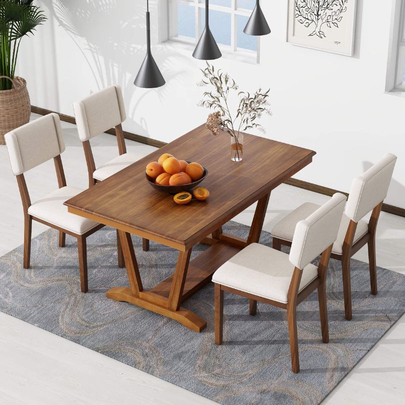 Walnut+Gray Rectangular 5-piece Dining Table Set with 4 Chairs and Trestle Table Base