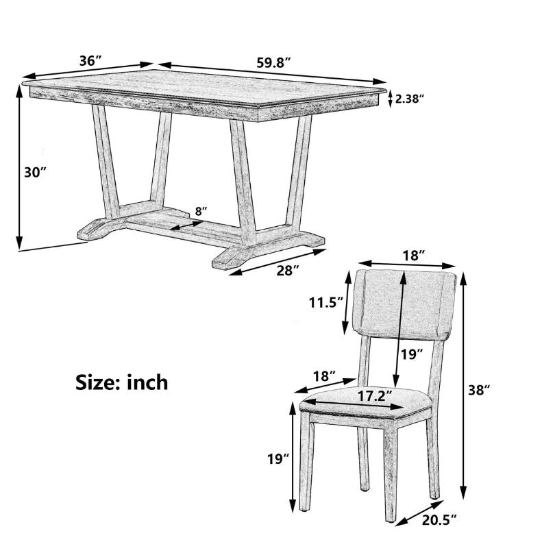 A dimension image of our Walnut+Gray Rectangular 5-piece Dining Table Set with 4 Chairs and Trestle Table Base