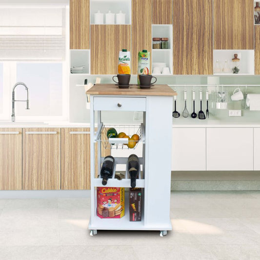 White 2-lockable Wheel Mobile kitchen island and Kitchen Cart with 1-drawer and 2-shelves