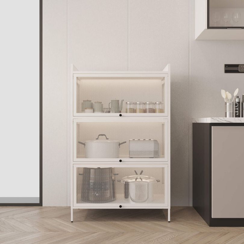 White 3-Tier Buffet Cabinet with Mesh Doors