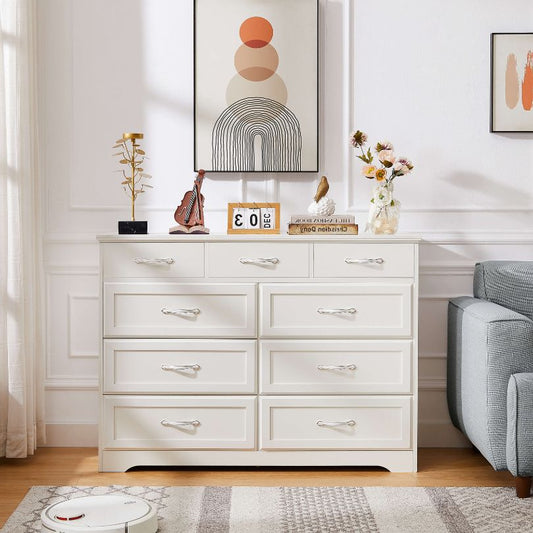 White 9-Drawers Double Dresser with Antique Handles