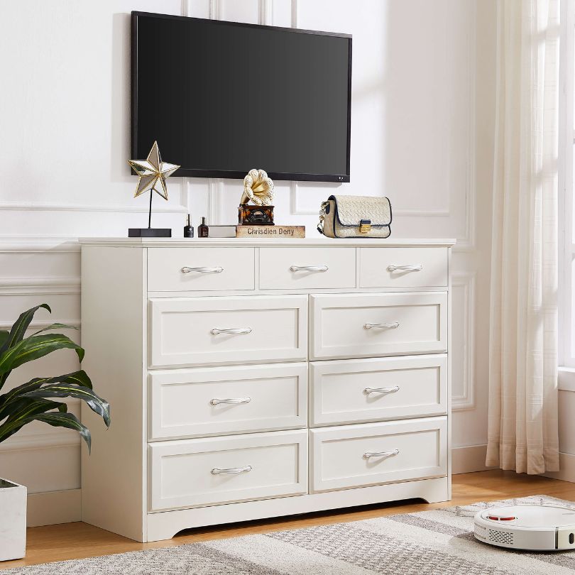 White 9-Drawers Double Dresser with Antique Handles