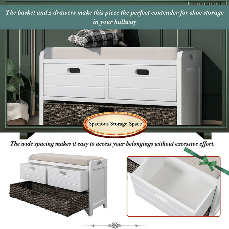 32" White Entryway Storage Bench