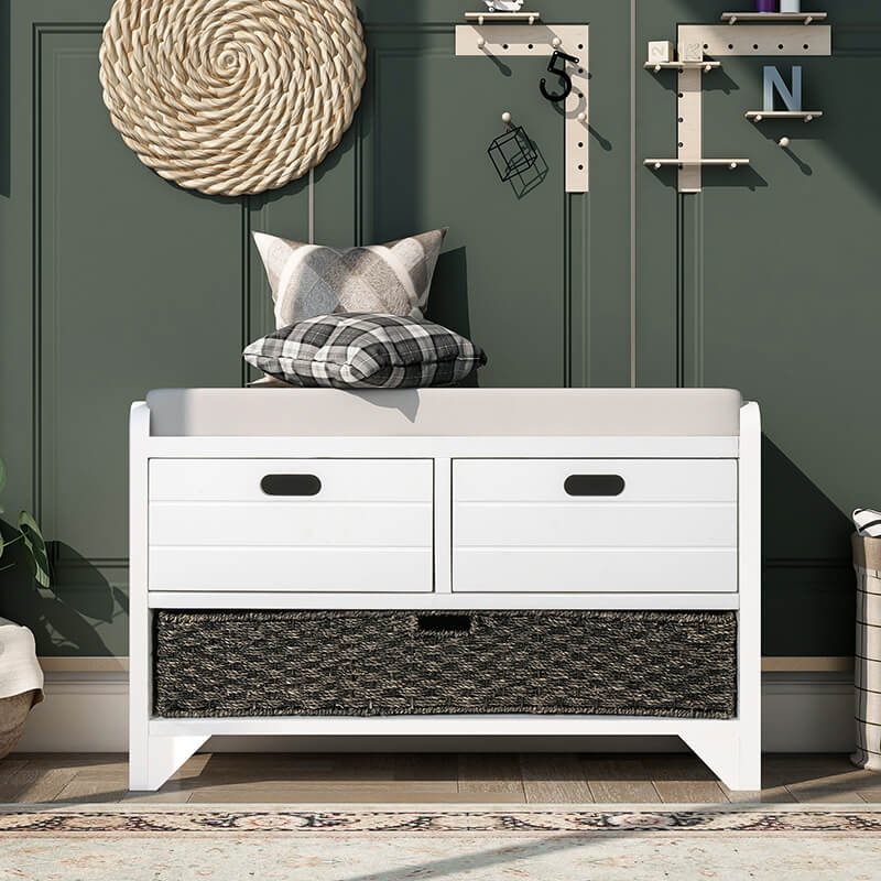 32" White Entryway Storage Bench with Removable Basket and 2 Drawers